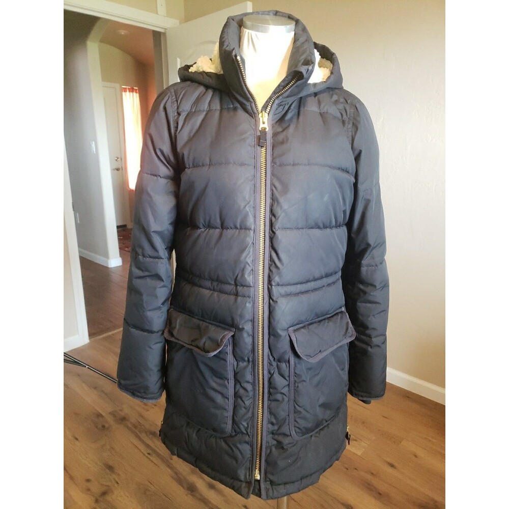 J. Crew Vail Puffer Womens Size XS Sherpa Lined Hood Goldtone Zippers Coat
